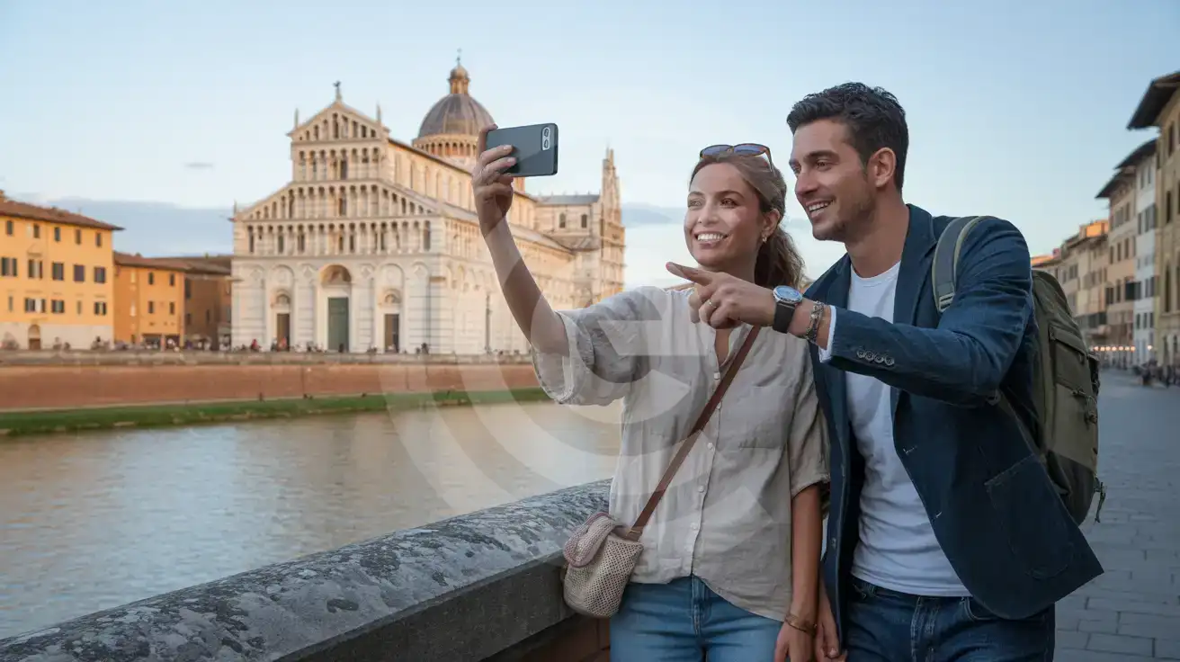 A couple photographing Santa Maria della Spina church along the Arno River in Pisa at late afternoon