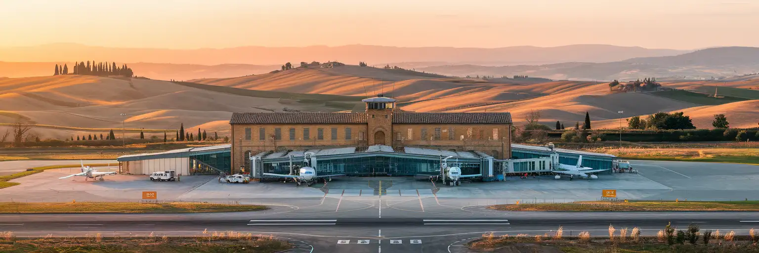 Exterior view of Siena-Ampugnano Airport in the Tuscan countryside near Siena at golden hour