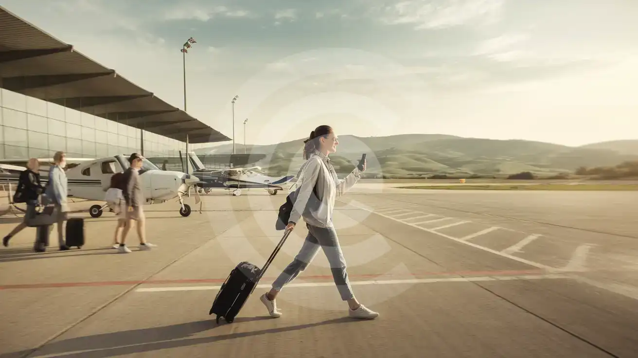 Solo female traveler with suitcase near the arrivals-side apron at Siena-Ampugnano Airport