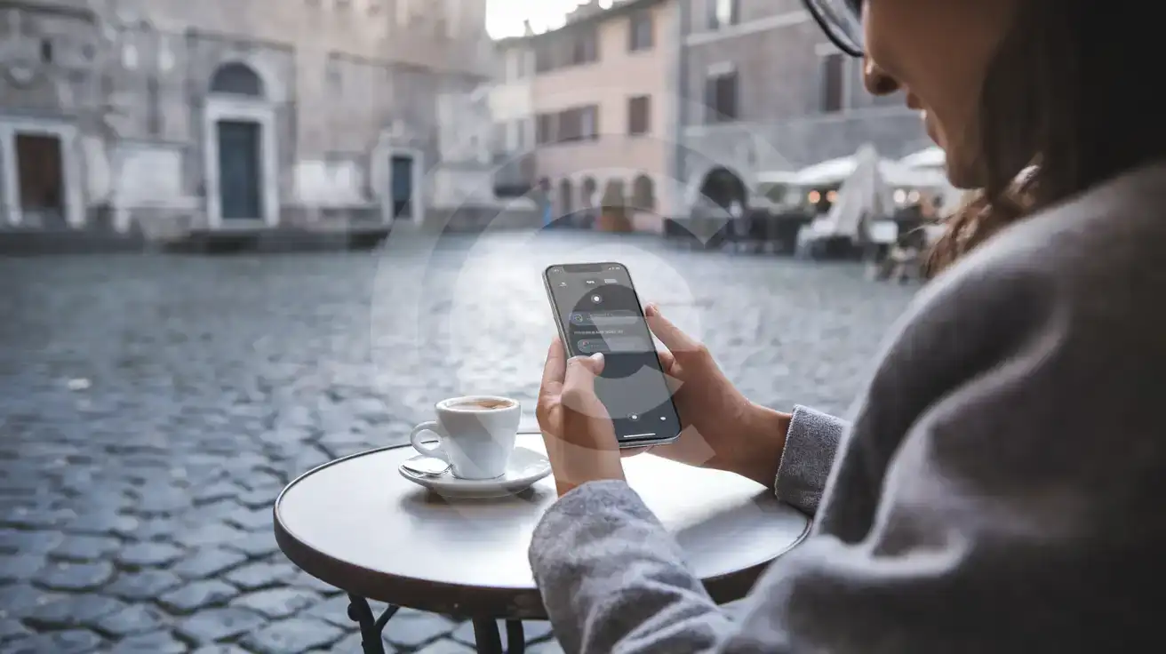 Traveller checking phone notification at an Italian café with espresso