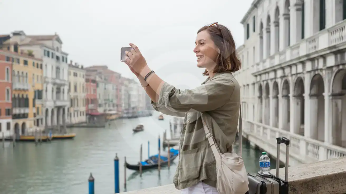 Solo female traveler photographing the Grand Canal from the Rialto Bridge in Venice on an overcast morning
