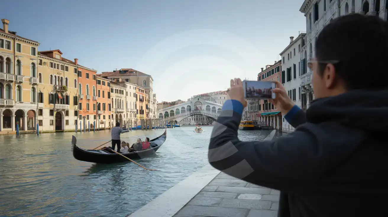 Reiziger filmt een gondel op het Canal Grande in Venetië tijdens het gouden uur