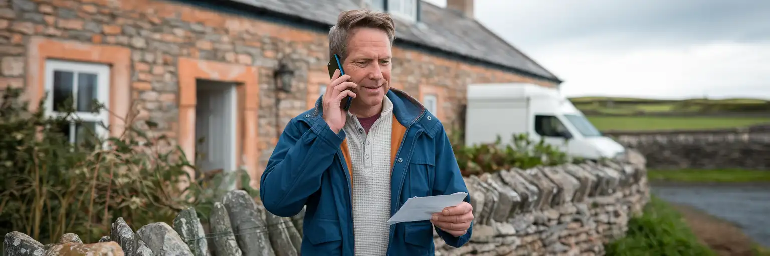 Traveller on a phone call outside a traditional Jersey cottage, holding a delivery note, with a stone wall and green hedgerow in the background