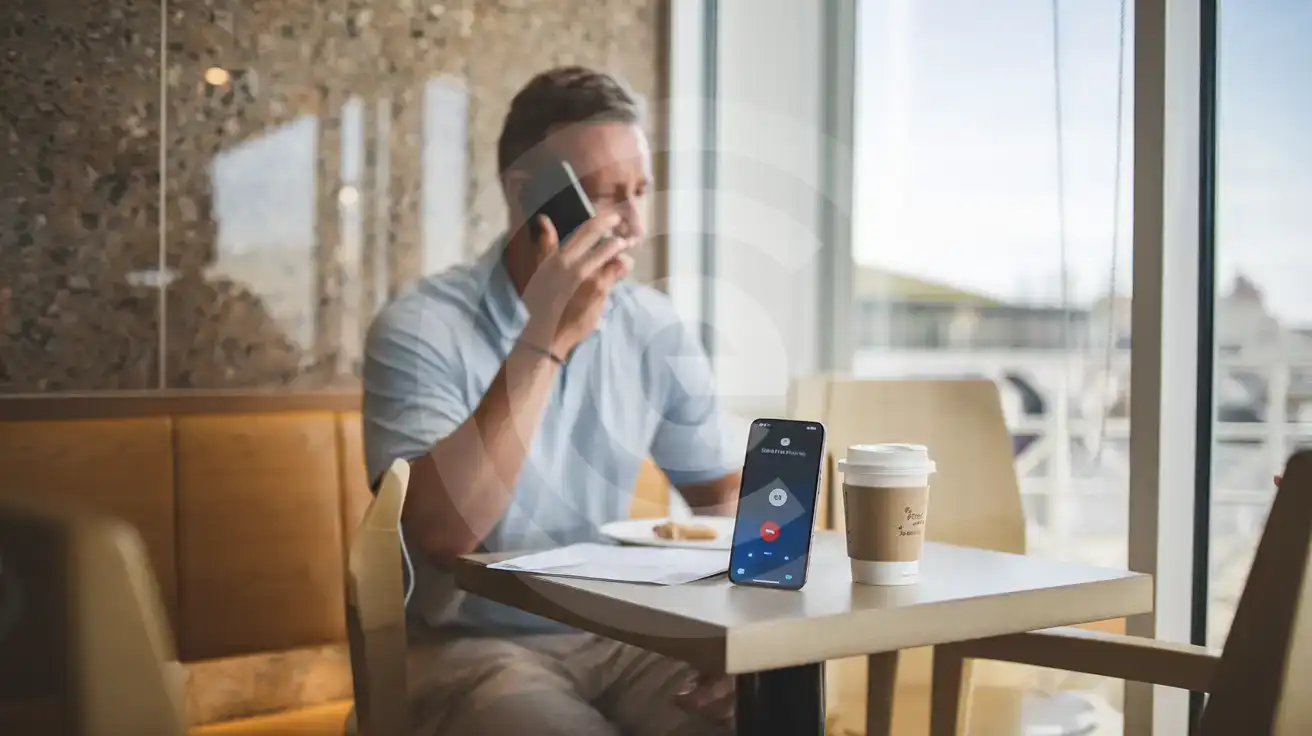 Traveller in a Jersey café glancing at an incoming call on their smartphone beside a coffee cup and appointment card