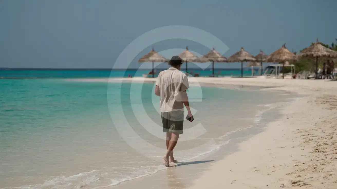 شاطئ سيفن مايل في نيغريل، جامايكا مع مياه الكاريبي الفيروزية ورمال بيضاء في ساعة الغروب الذهبية