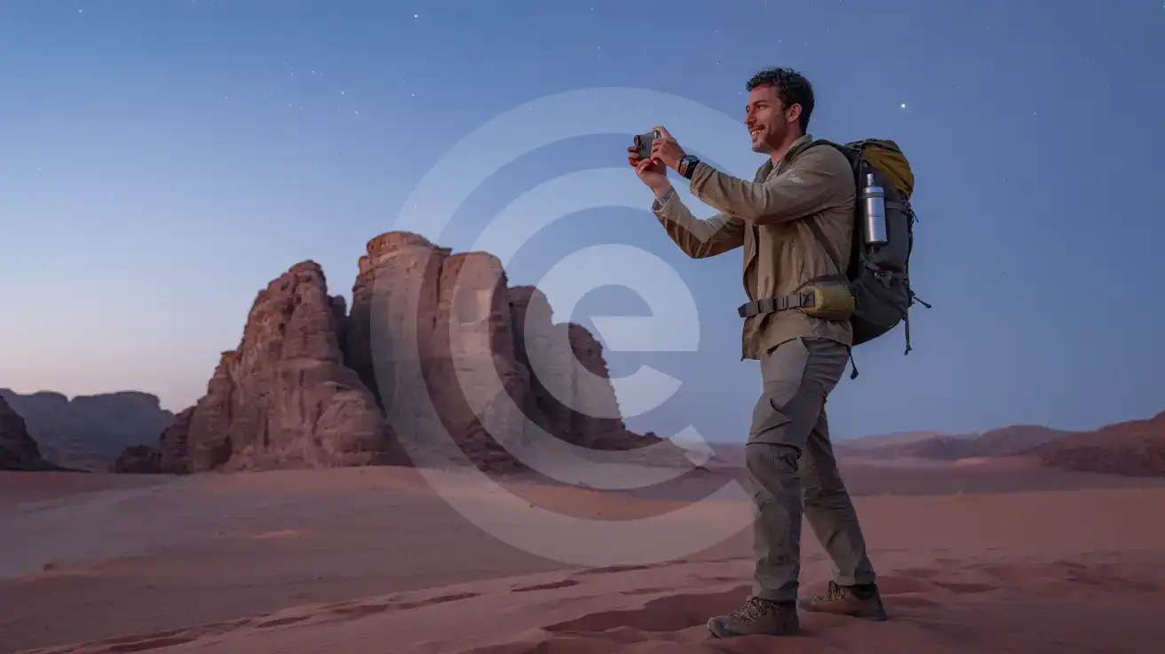 Solo male traveler photographing the Seven Pillars of Wisdom rock formation in Wadi Rum desert at twilight in Jordan