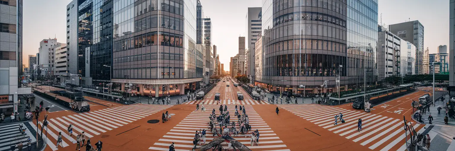 Wide golden-hour view of Shibuya Scramble Crossing in Tokyo with crowded diagonal crosswalks and surrounding buildings