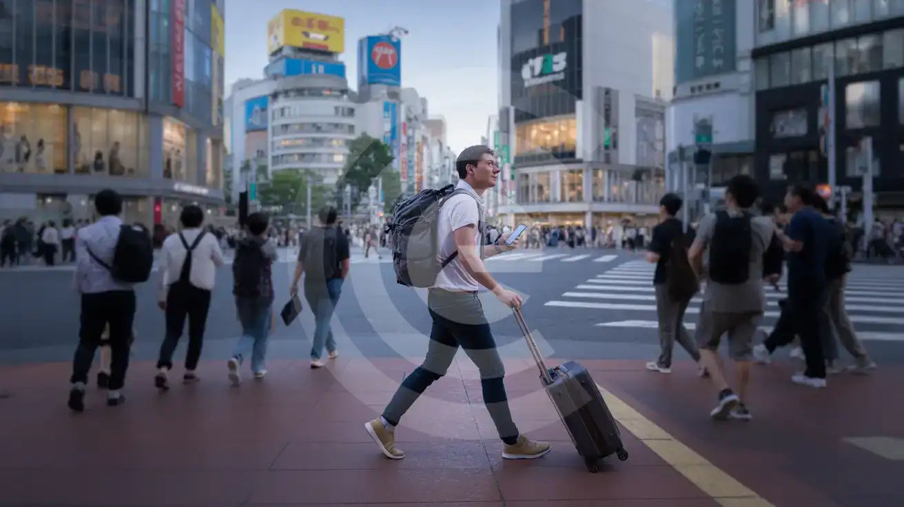 Solo male traveler approaching Shibuya Scramble Crossing from the Hachiko side near Shibuya Station at blue hour