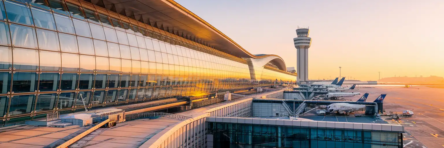 Tokyo Haneda Airport Terminal 3 international building exterior at golden hour with control tower and aircraft