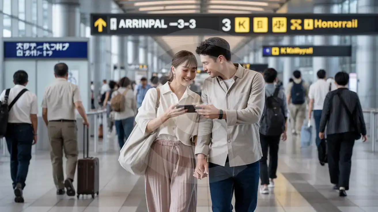 Honeymoon couple walking through Haneda Airport Terminal 3 arrivals concourse checking smartphone for transit directions