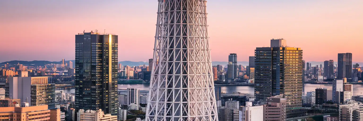 Tokyo Skytree tower rising above the Sumida cityscape at golden hour with the Solamachi complex at its base