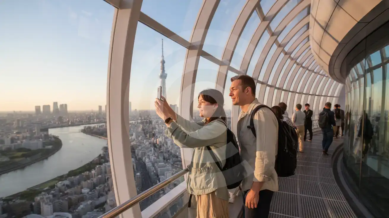 Couple photographing Tokyo cityscape from the Tembo Galleria spiral observation corridor at 450 meters inside Tokyo Skytree