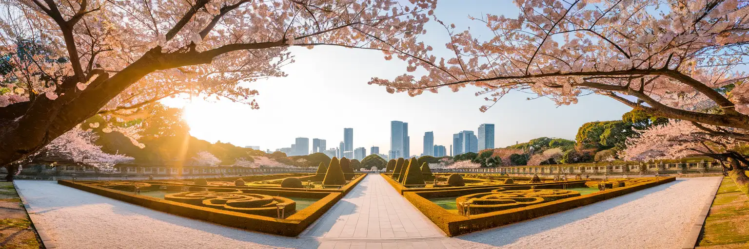 Golden hour view across Shinjuku Gyoen's French Formal Garden with plane trees and Shinjuku skyscrapers in the background