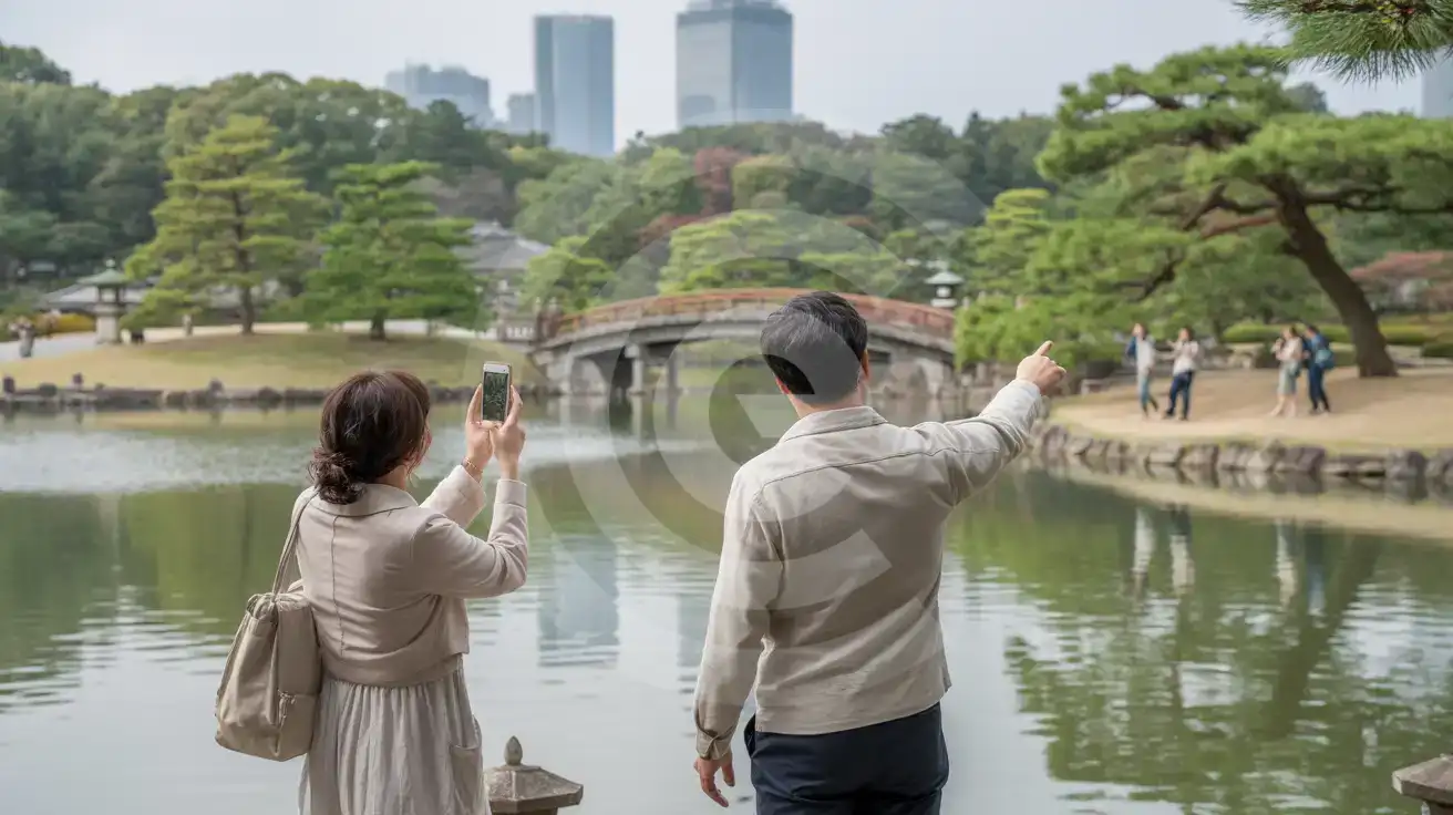 Honeymoon couple photographing the Japanese Garden pond and wooden bridge at Shinjuku Gyoen with Shinjuku towers in background
