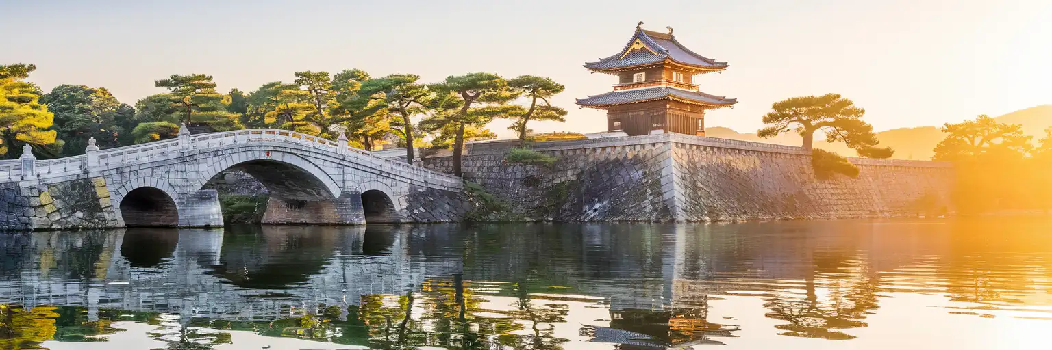 Nijubashi Bridge and Fushimi Yagura watchtower at Imperial Palace Tokyo reflected in the moat at golden hour