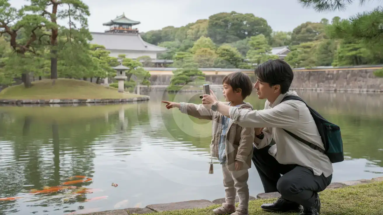 Family exploring Imperial Palace East Gardens Ninomaru Garden with koi pond and traditional stone lantern in Tokyo