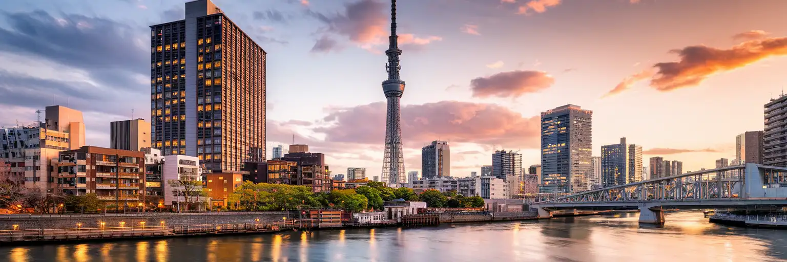 Tokyo Skytree rising above the Sumida River and Asakusa neighborhood at golden hour