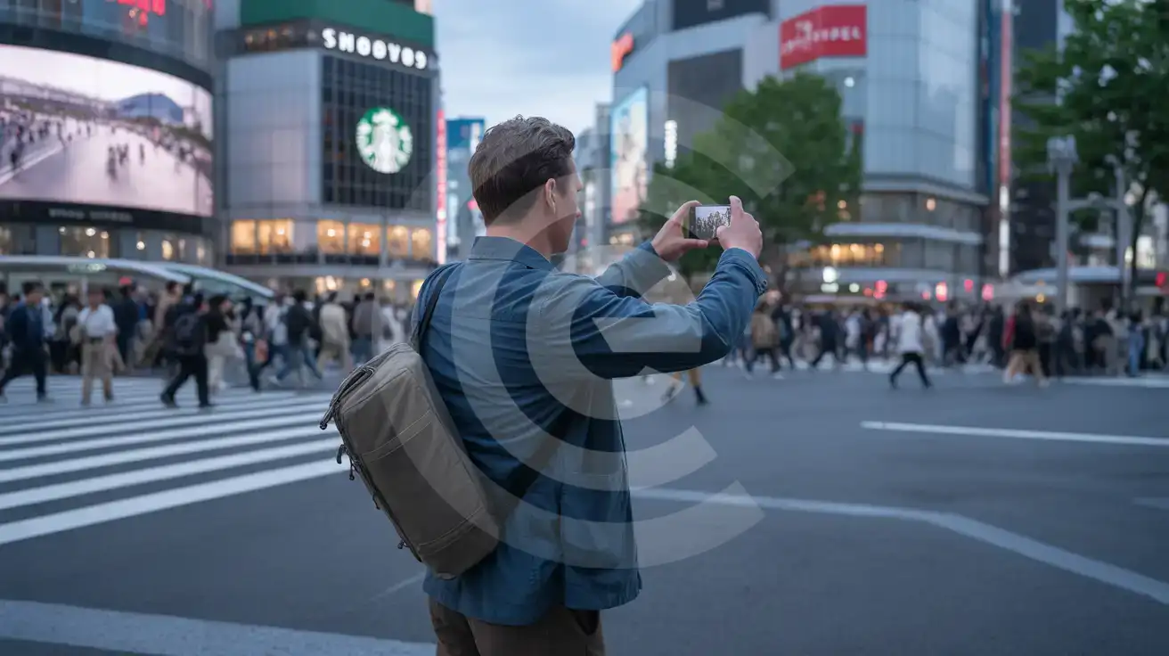 Solo male traveler photographing Shibuya Scramble Crossing at blue hour with smartphone