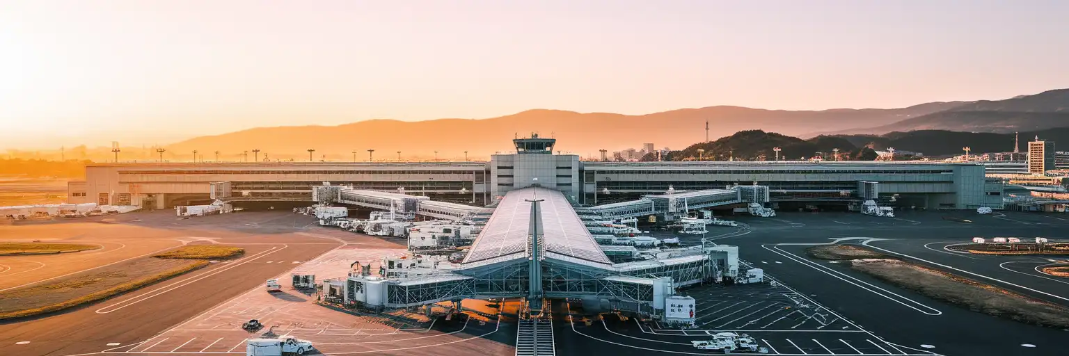 Exterior view of Kyoto International Airport terminal at golden hour in Kyoto, Japan