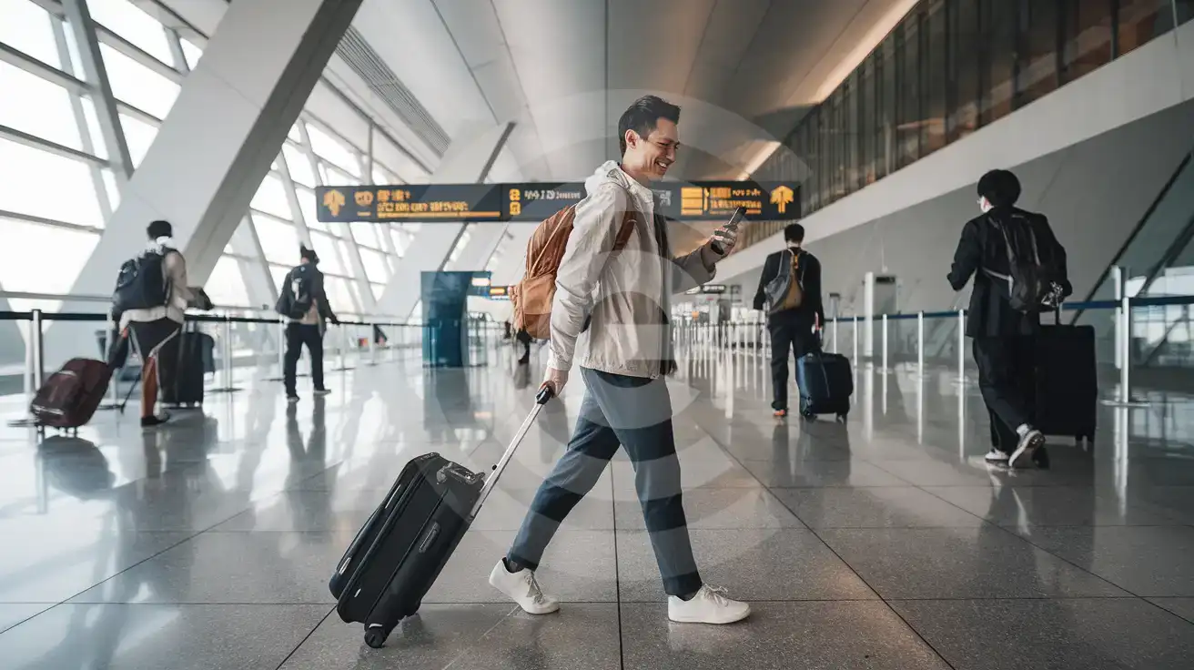 Solo male traveler walking through the Kyoto International Airport arrival concourse with suitcase and smartphone