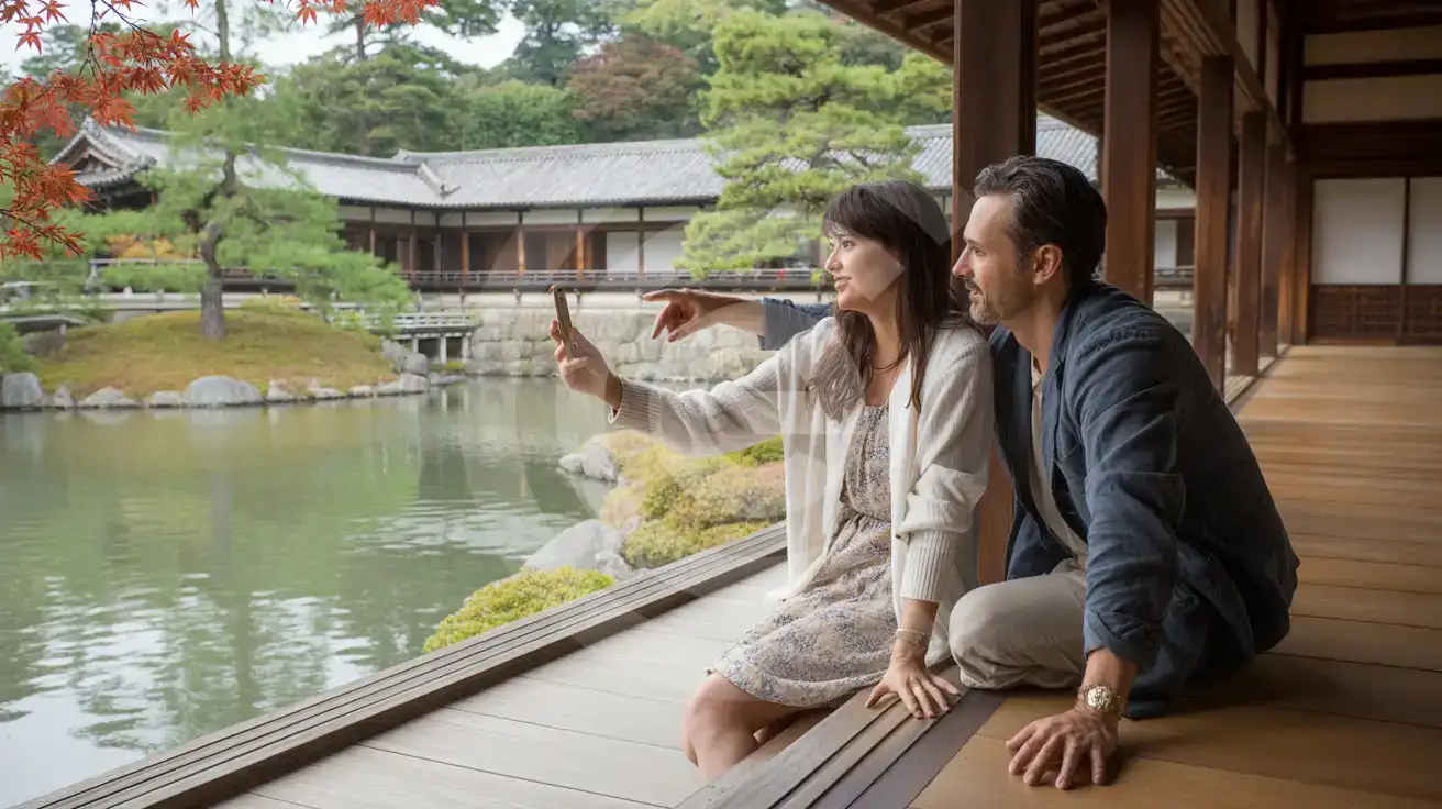 Couple photographing the Oikeniwa Pond Garden from the Kogosho veranda at Kyoto Imperial Palace
