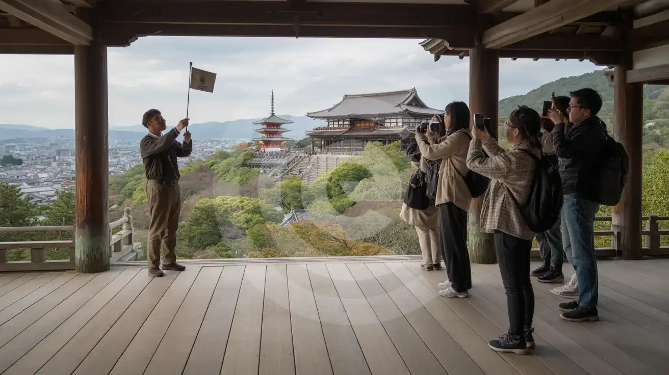 Tour group on the wooden stage of Kiyomizu-dera main hall photographing the valley view and vermilion pagoda below