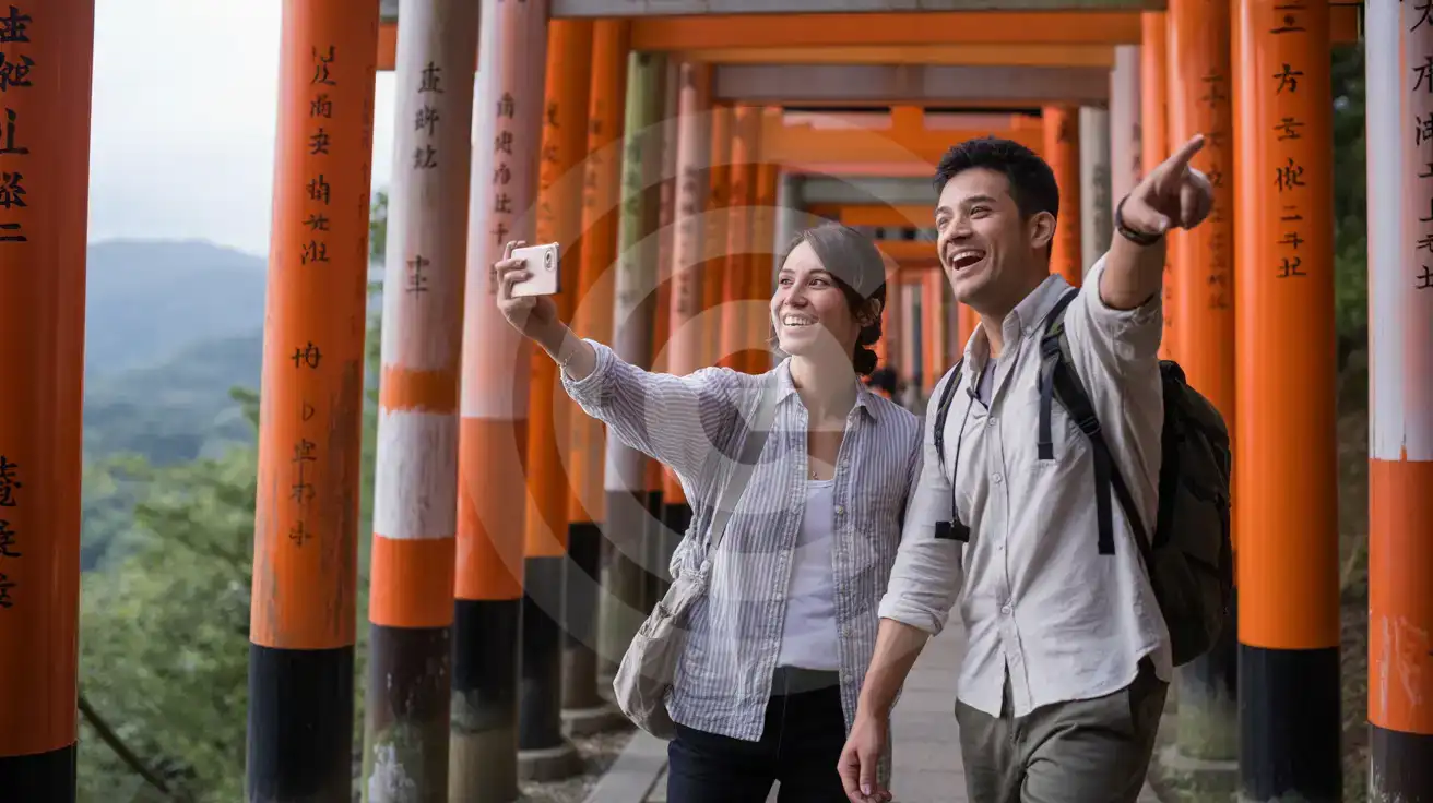 Couple walking through the vermillion torii gates of Fushimi Inari-Taisha shrine in Kyoto, Japan