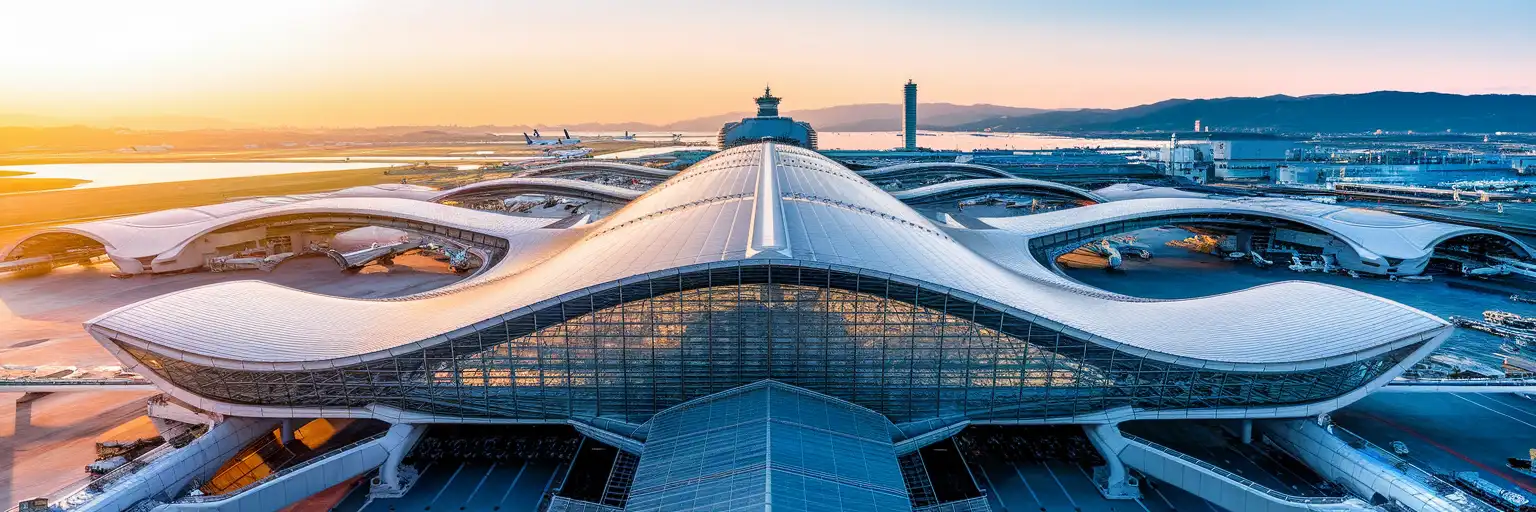 Kansai International Airport Terminal 1 exterior with its distinctive wave-shaped Renzo Piano roof stretching along the island at golden hour