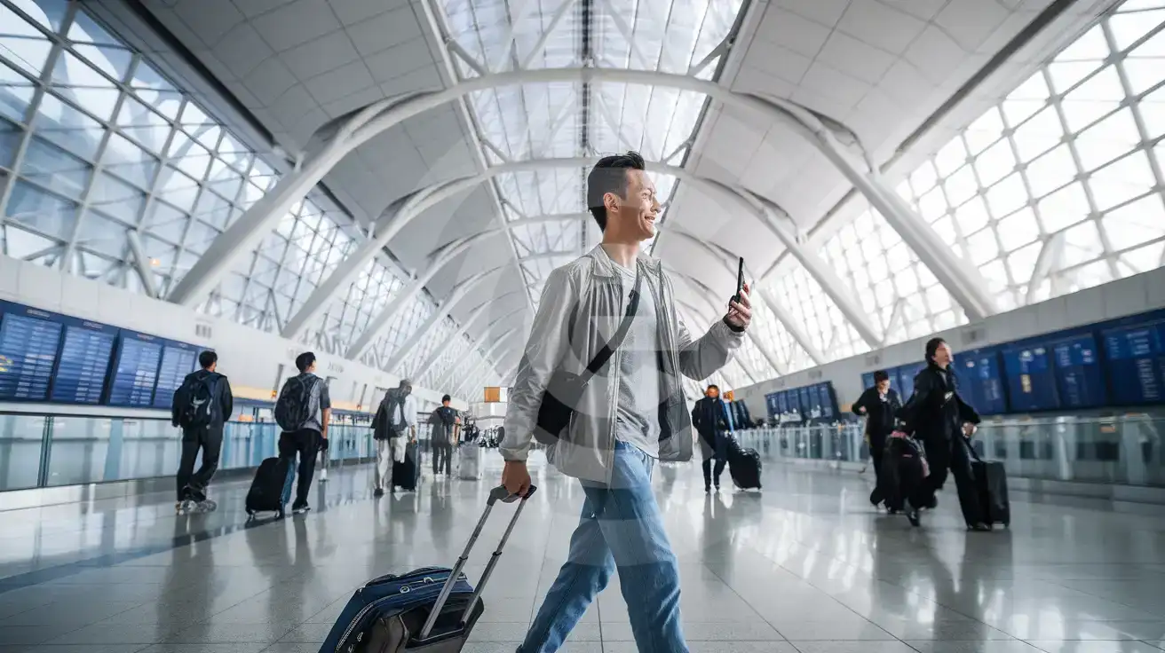 Solo male traveler walking through Kansai International Airport Terminal 1 arrivals concourse with smartphone and rolling bag under the distinctive wave-shaped ceiling