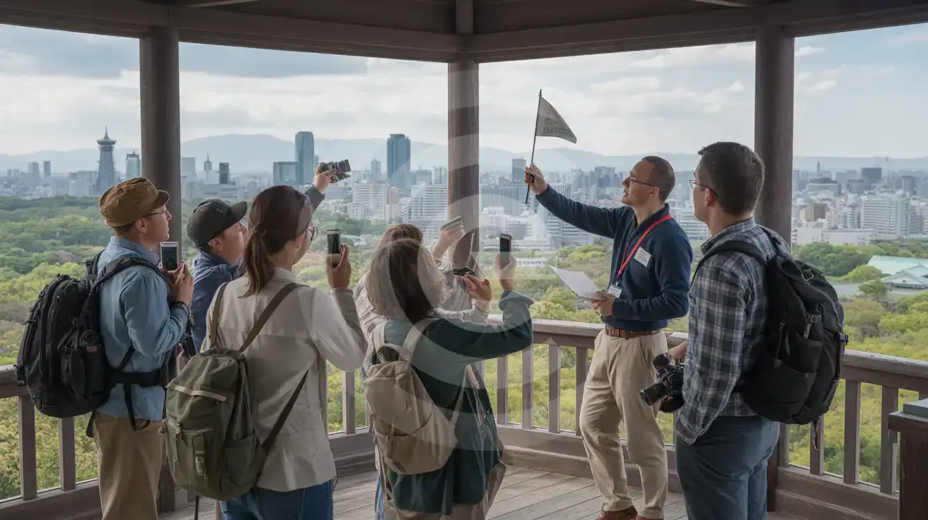 Tour group at Osaka Castle observation deck photographing panoramic views of Osaka skyline