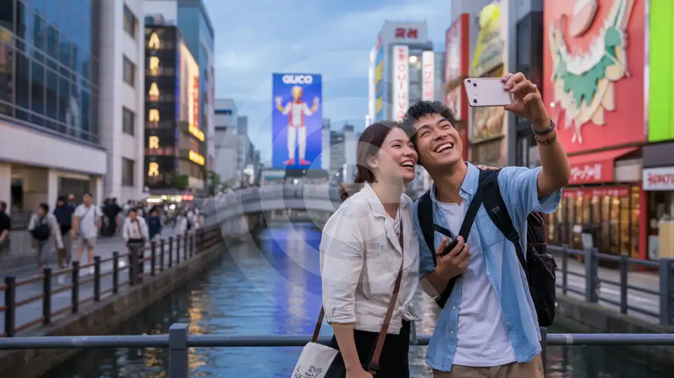 Couple photographing the Glico Running Man sign and neon reflections along the Dotonbori canal at twilight in Osaka