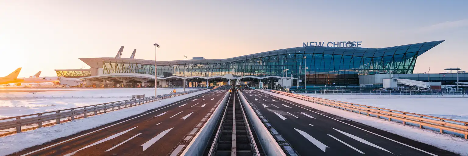 Exterior view of New Chitose Airport in Hokkaido, Japan at golden hour