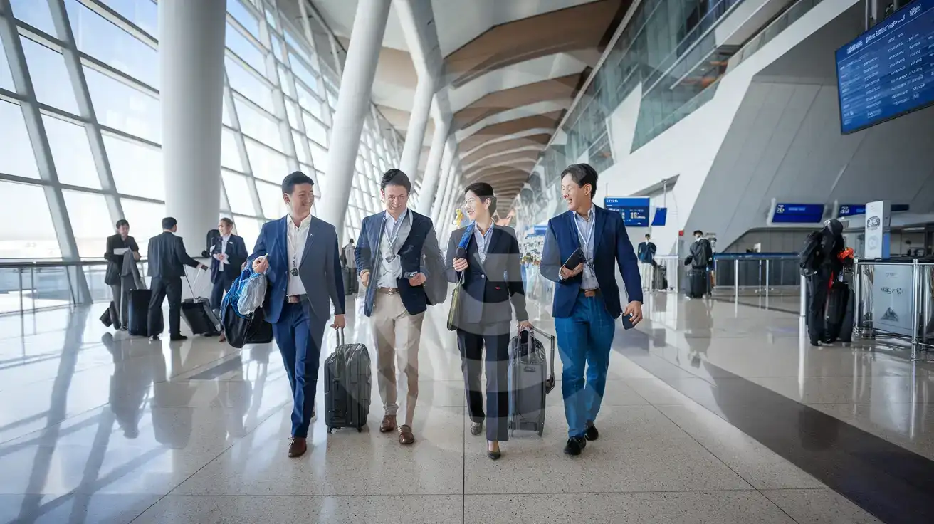 Business travelers walking through the interior concourse at New Chitose Airport in Hokkaido, Japan
