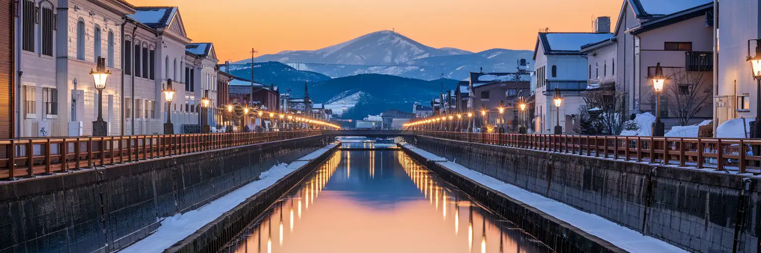 Otaru Canal at golden hour with historic stone warehouses and snow-dusted paths reflecting warm light across the water in Hokkaido, Japan