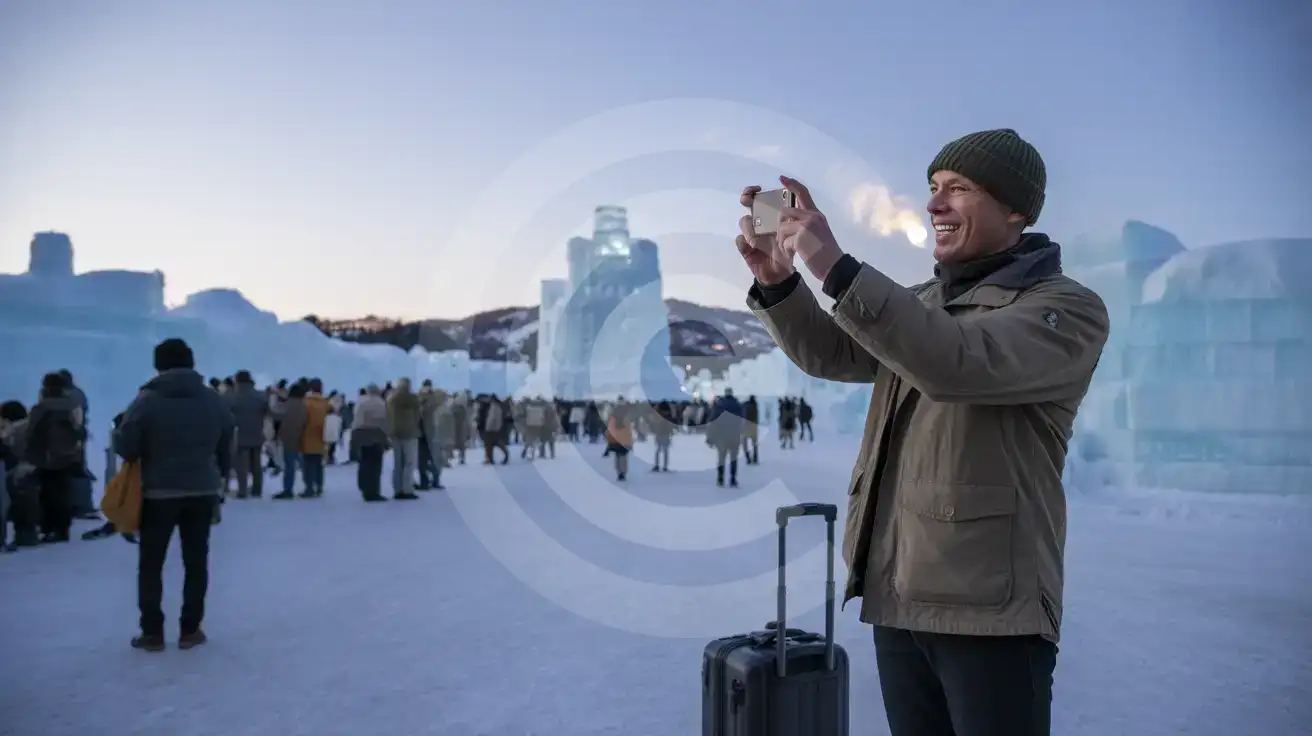 Solo male traveler photographing illuminated ice sculptures at Sapporo Snow Festival in Odori Park, Hokkaido, Japan