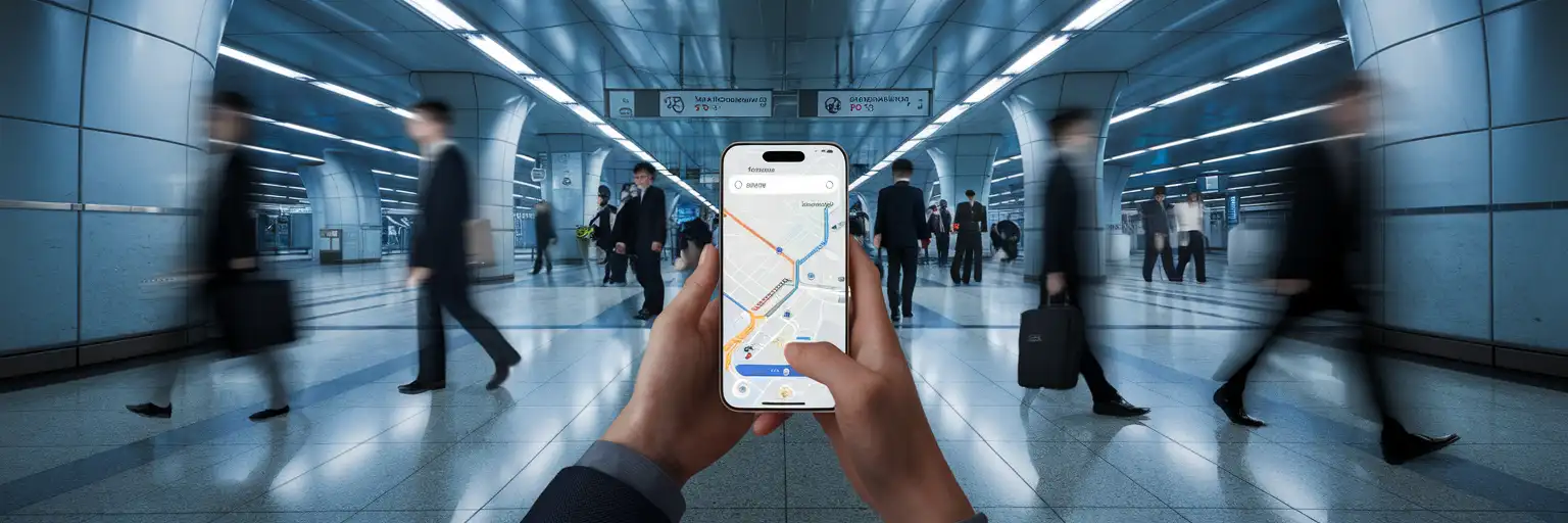 Tokyo'nun kalabalık metro istasyonunda, yanında dizüstü bilgisayar çantasıyla akıllı telefonunda navigasyon kontrol eden gezgin