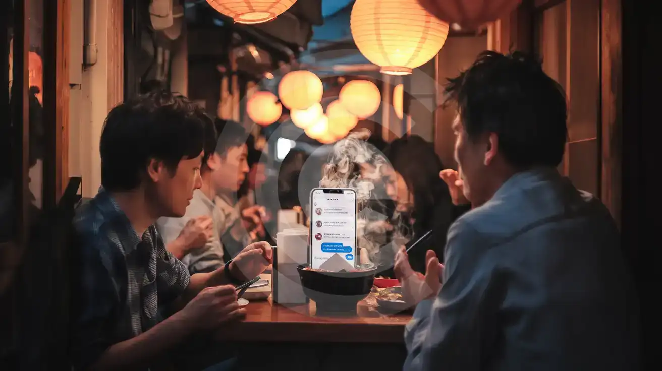 Seyahat eden kişi, akşam saatlerinde Tokyo'da samimi bir ramen lokantasında akıllı telefonuyla mesajlaşıyor