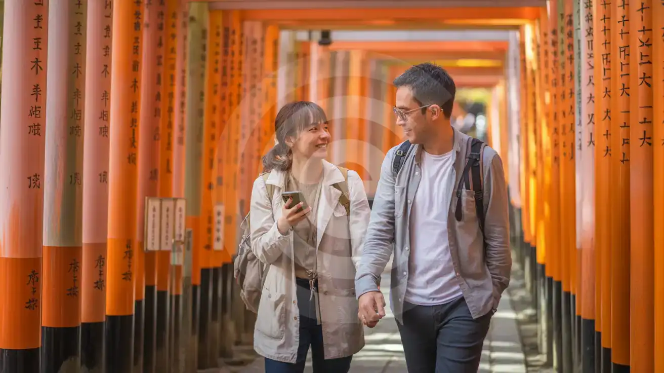 A couple walking through the vermillion torii gates of Fushimi Inari Taisha shrine in Kyoto, one holding a smartphone while exploring