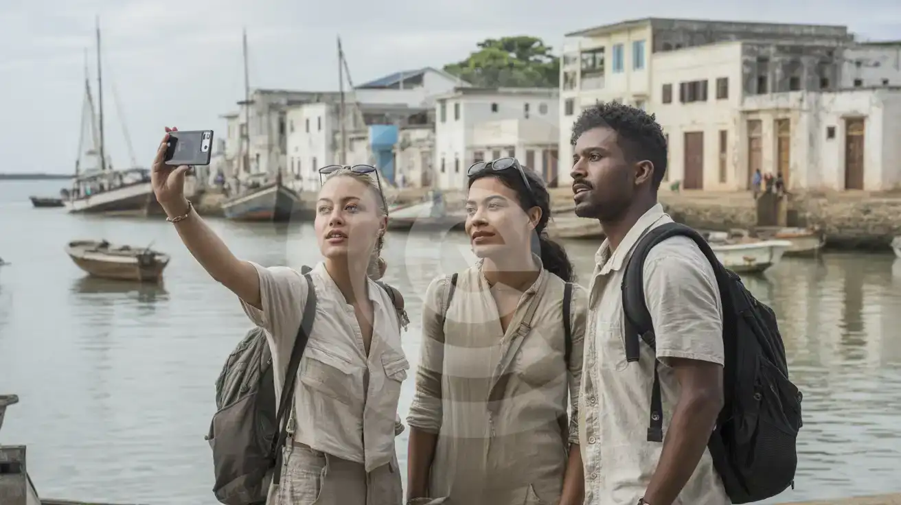 Drie vrienden fotograferen de historische dhow-haven van Lamu-eiland met Swahili-architectuur op de achtergrond