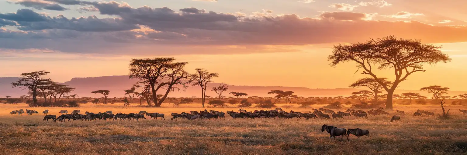 Wildebeest and zebras crossing the Maasai Mara savanna during the Great Migration at golden hour with acacia trees and dramatic African sunset
