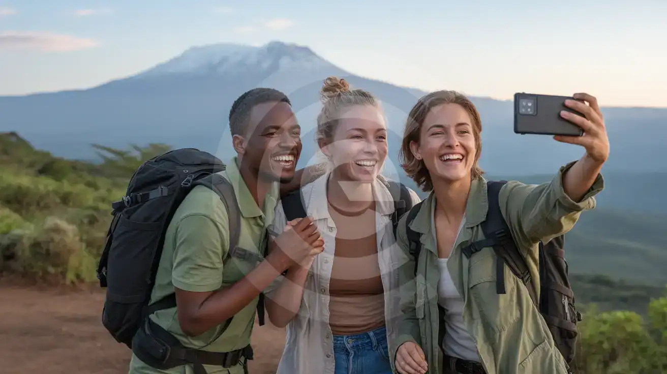 Three friends taking a group selfie with Mount Kenya's snow-capped peaks visible in the background during a morning visit to the highlands