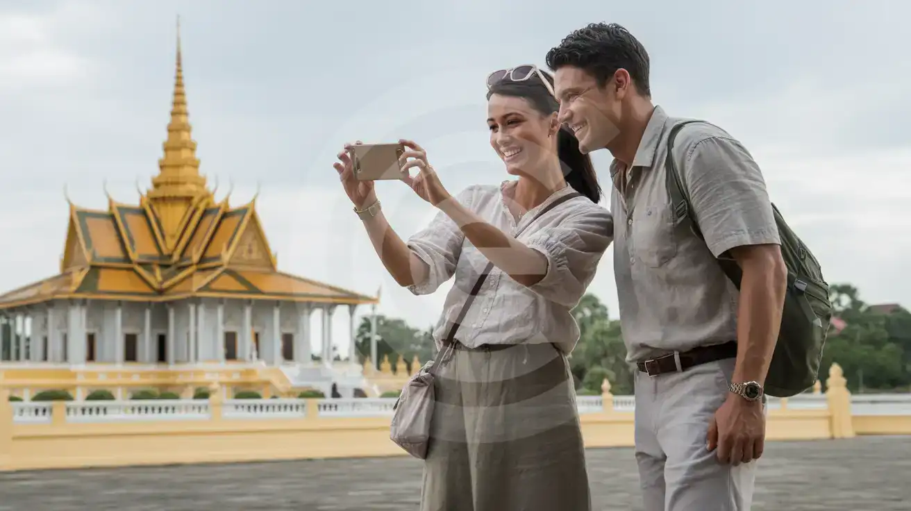 A couple photographing the golden spires of the Royal Palace in Phnom Penh, Cambodia
