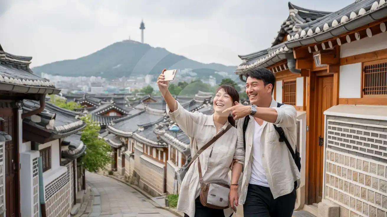 Couple photographing traditional hanok rooftops in Bukchon Village with Namsan Tower in the distance