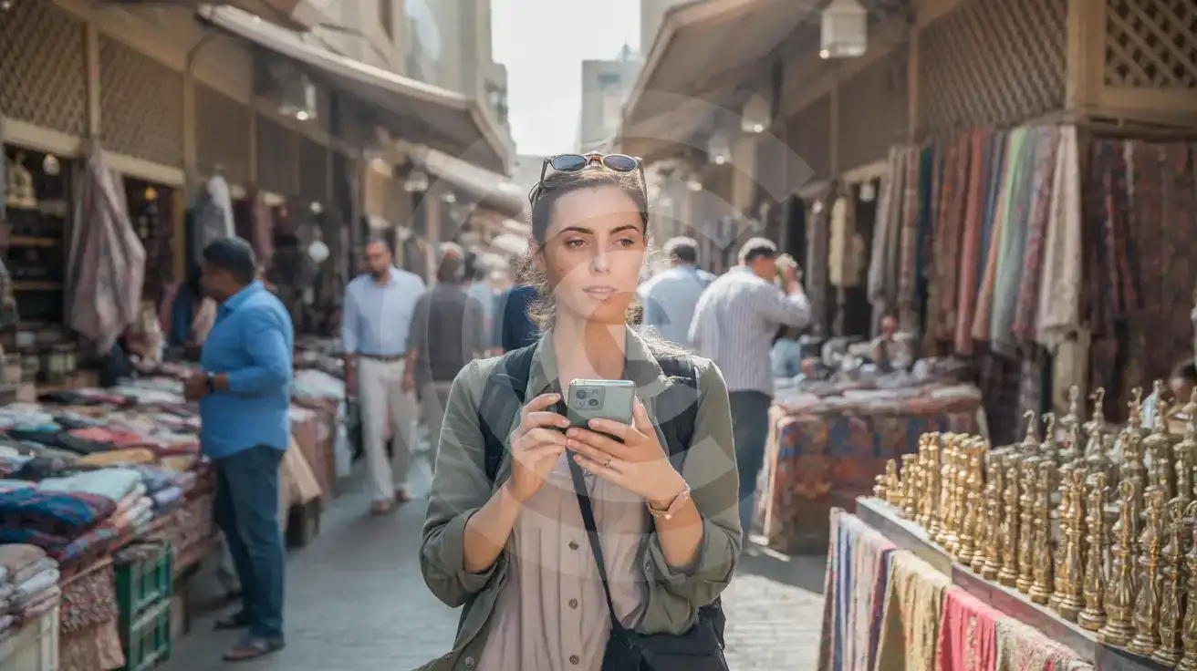 مسافرة بمفردها تلتقط صورًا لأكشاك النسيج داخل سوق المباركية في مدينة الكويت
