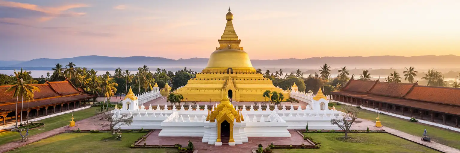 Pha That Luang golden stupa in Vientiane at golden hour with surrounding temple grounds and distant Mekong valley