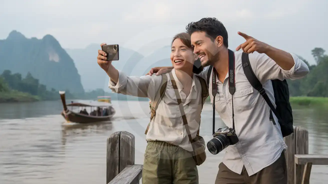 A couple photographing the Mekong River near Luang Prabang with misty karst mountains in the background