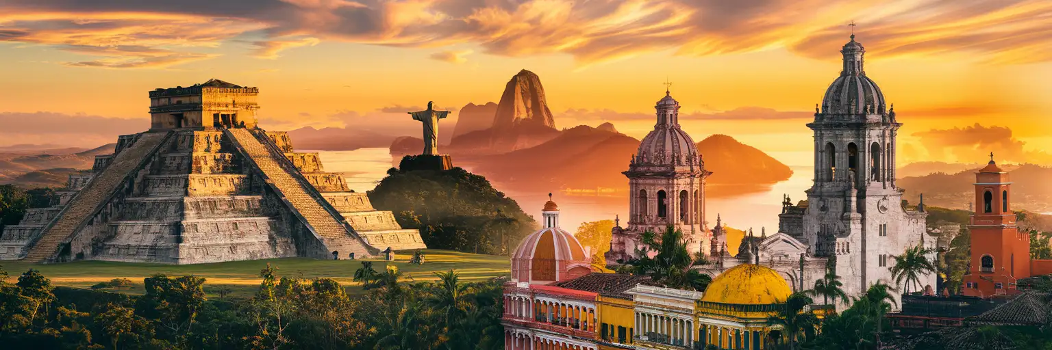 Golden-hour montage of Chichén Itzá pyramid, Christ the Redeemer statue, Torres del Paine towers, and Cartagena colonial buildings