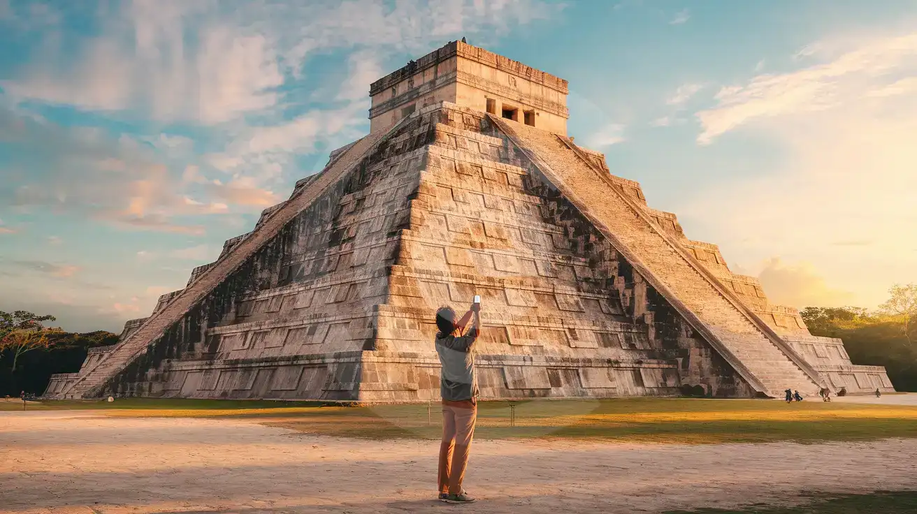 Traveler photographing Chichén Itzá pyramid at golden hour in Mexico's Yucatán