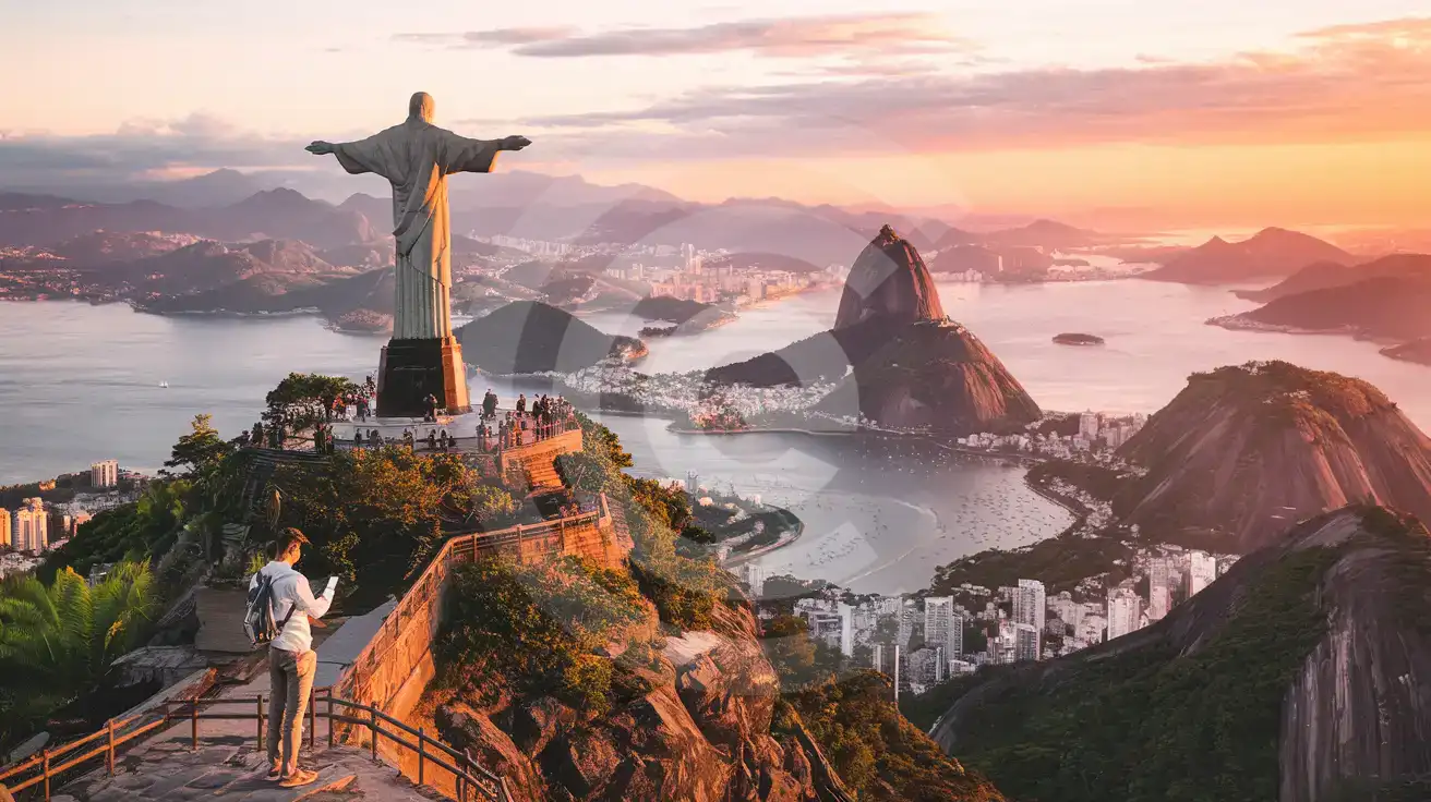 Traveler checking phone at Christ the Redeemer viewpoint overlooking Rio de Janeiro at sunset