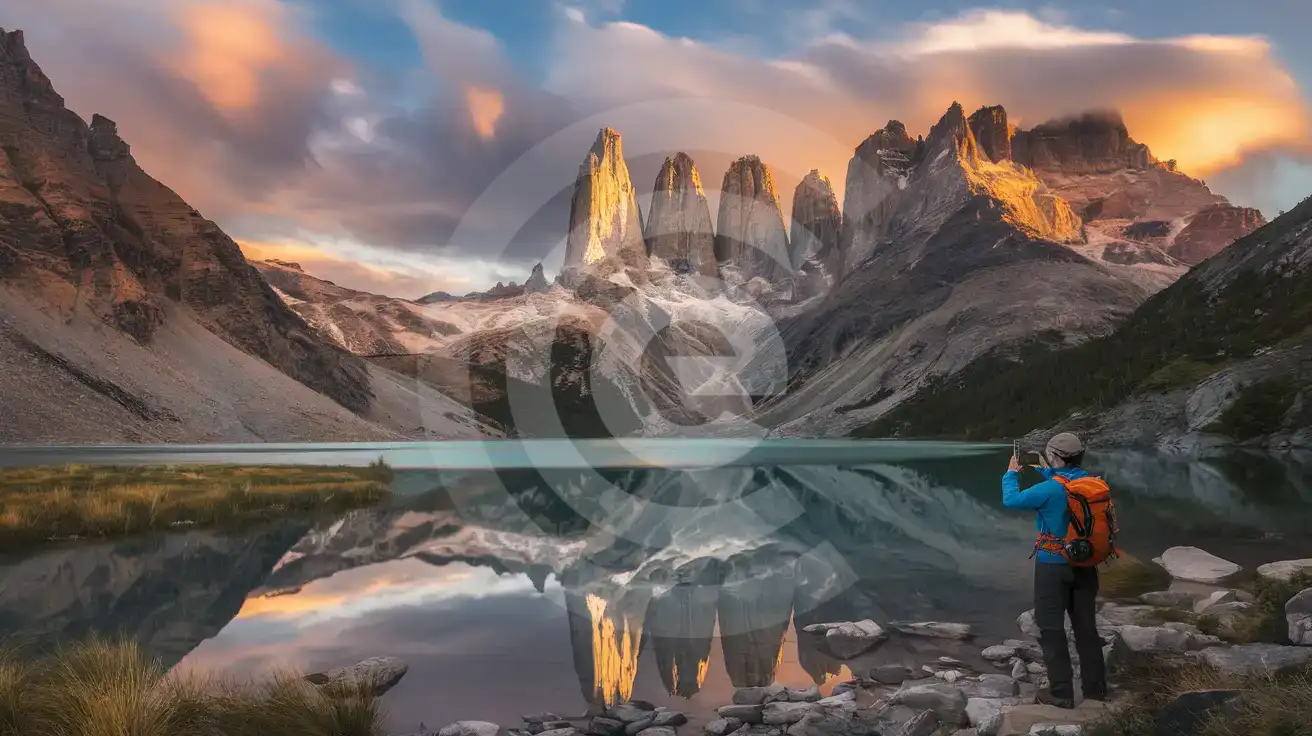Hiker photographing Torres del Paine towers reflected in Lake Pehoé at sunset in Chilean Patagonia